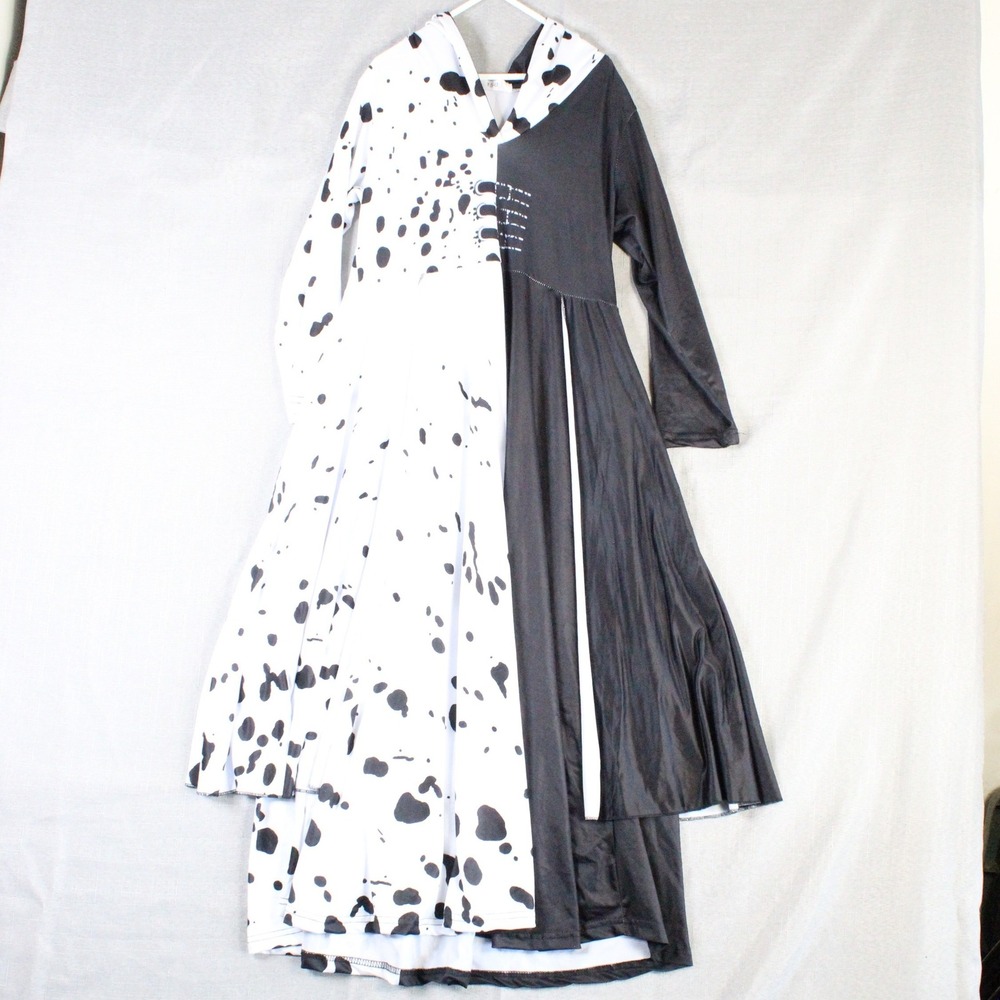 Cruella Costume Dress Wig Set Kids Size 10/12 Black White Dalmatian Goth Cosplay